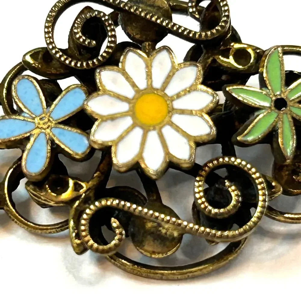 Vintage Stacked Filigree Enamel Daisy Flowers Brooch Pin‎